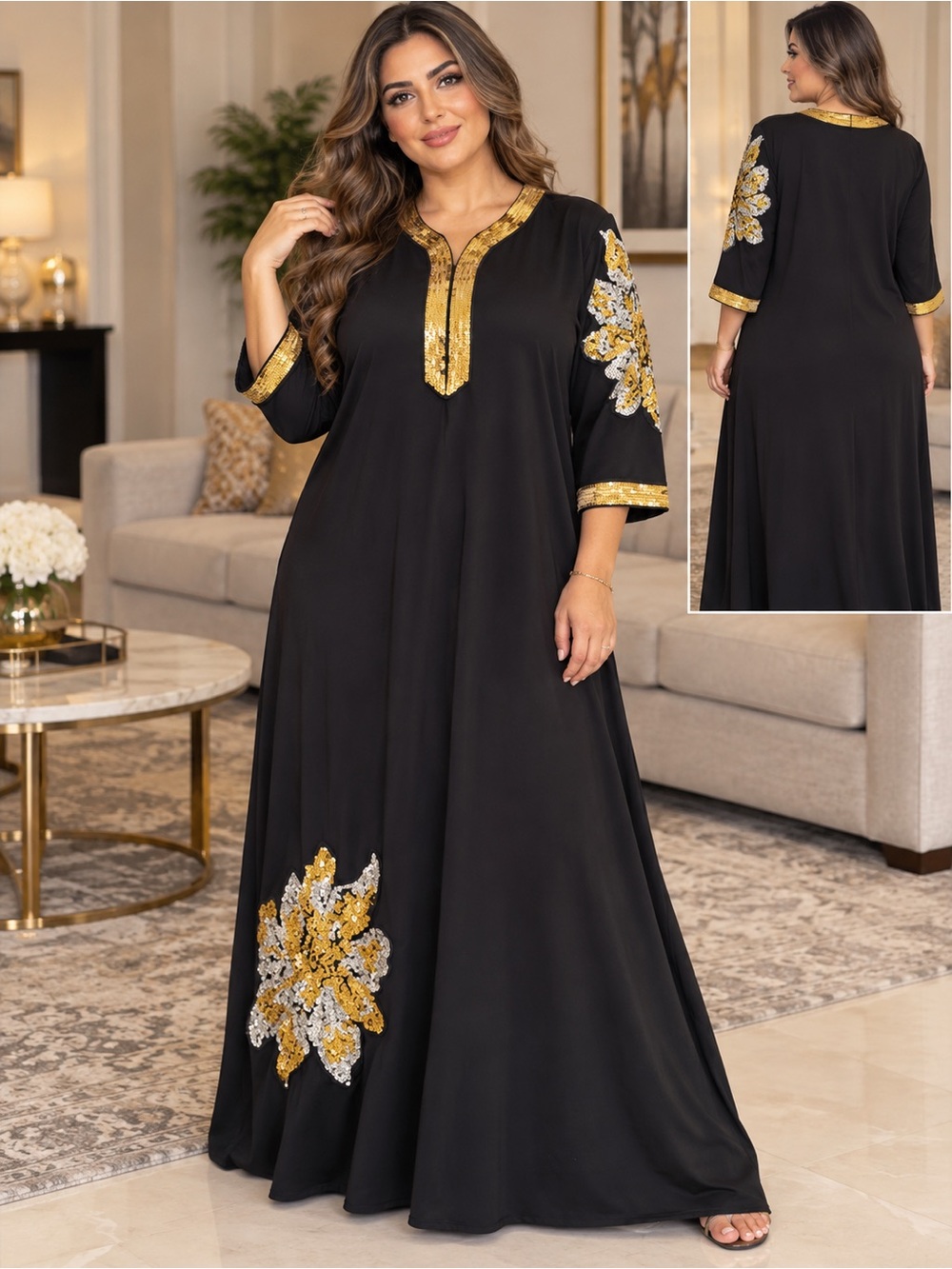 Galabiya Plus-Size Black Maxi Dress with Gold Floral Embroidery